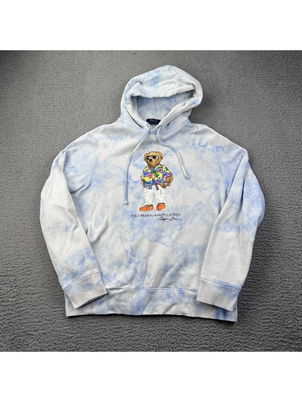 Polo Ralph Lauren Men's Large Tie Dye Polo Bear Hoodie Blue Graphic Pullover